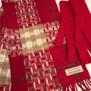 Burberry Red and Beige Check Scarf and Gloves